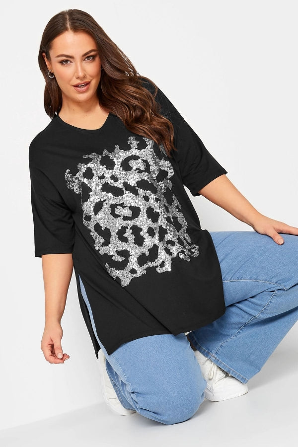 Büyük Beden Yırtmaç Detaylı Payetli T-shirt 302086 Vervegrand