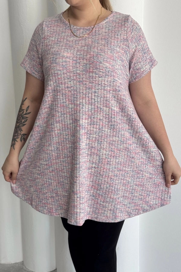 Büyük Beden Bisiklet Yaka Kısa Kollu Fitilli Kırçıllı Bluz 101-29 Vervegrand