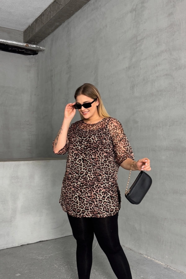 Büyük Beden Bisiklet Yaka Yarım Kollu Astarlı Transparan Bluz 303631 Vervegrand