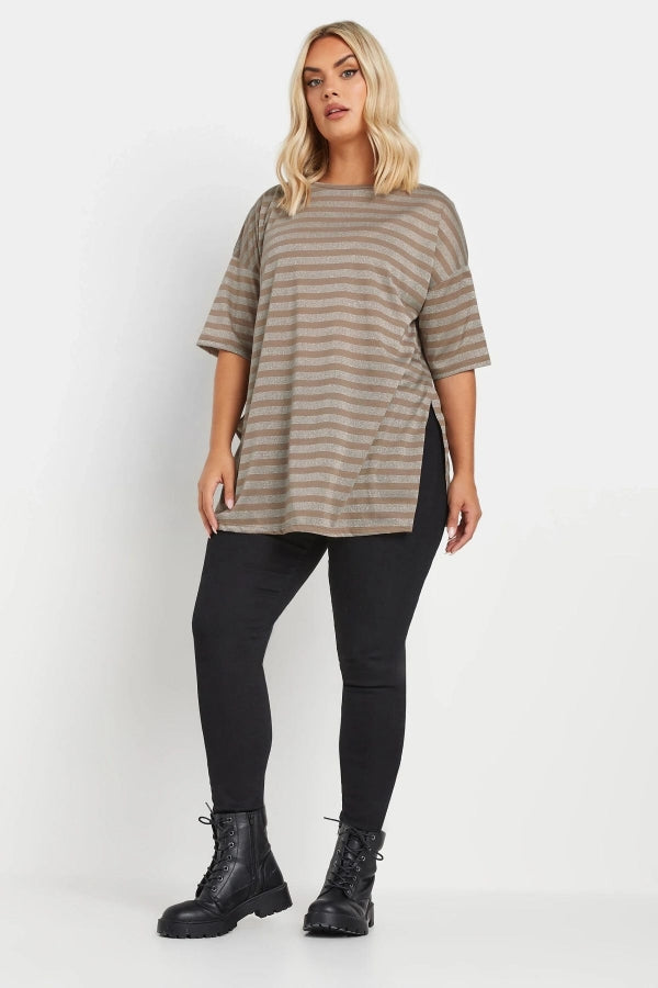 Büyük Beden Bisiklet Yaka Kısa Kollu Çizgili Yanları Yırtmaçlı T-shirt 303612 Vervegrand