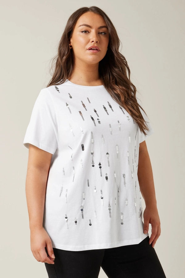 Büyük Beden Bisiklet Yaka Payet Süslemeli Kısa Kollu T-shirt 615558 Vervegrand