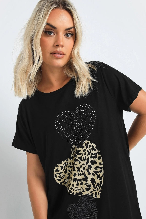 Büyük Beden Desen ve Taş Kalp İşlemeli Kısa Kollu T-Shirt 322118 Vervegrand