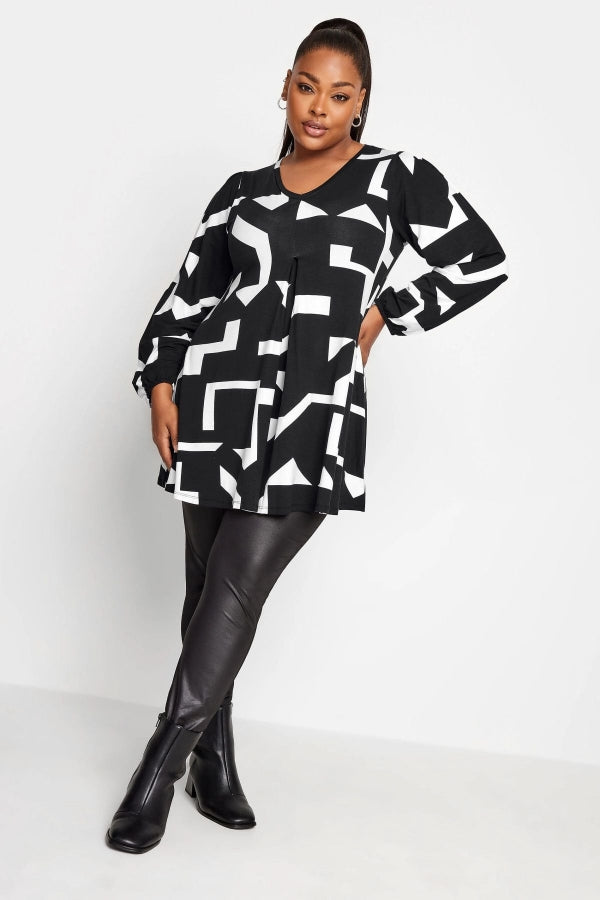 Büyük Beden Soyut Baskılı V Yaka Uzun Kollu Bluz 321228 Vervegrand