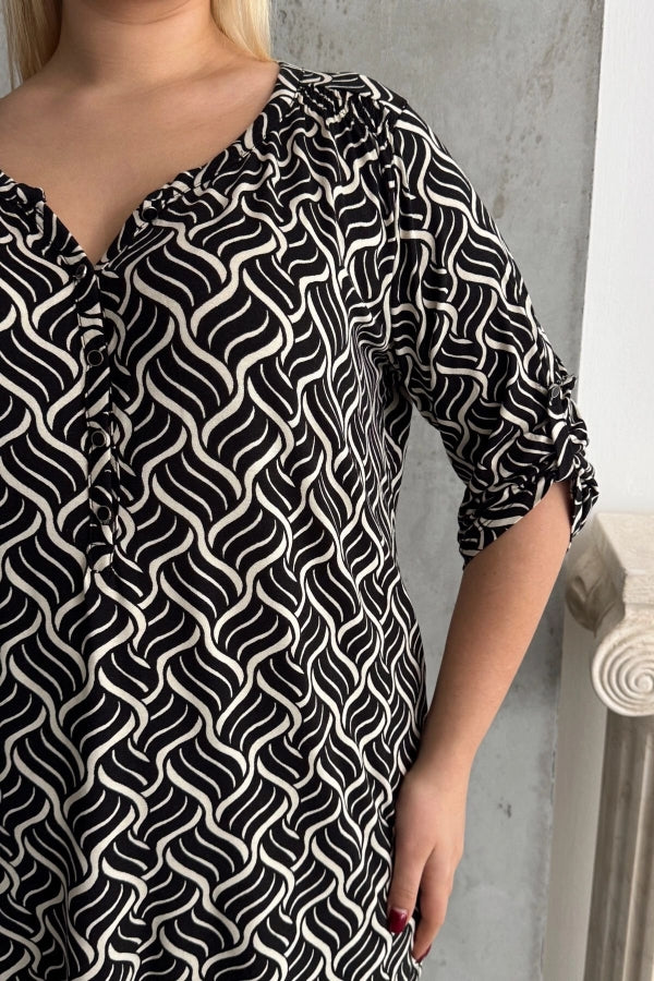 Büyük Beden V Yaka Önü Düğmeli Kolları Katlama Detaylı Likralı Bluz 1016 Vervegrand