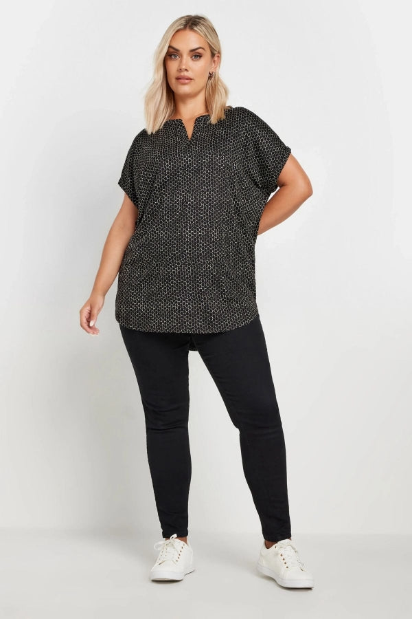 Büyük Beden V Yaka Kısa Kollu Desenli Bluz 303530 Vervegrand