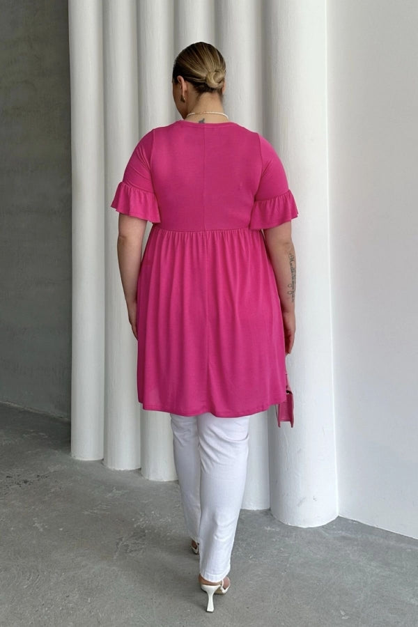 Büyük Beden Kol Detaylı Beli Lastikli Pileli Tunik T-shirt T41 Vervegrand