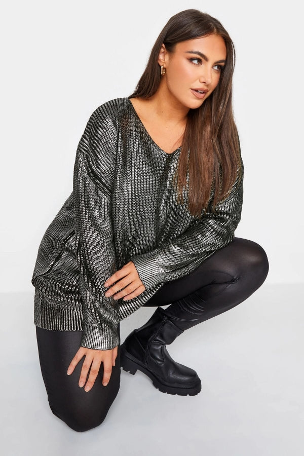 Büyük Beden V Yaka Folyo Baskılı Uzun Kollu Kazak 302321 Vervegrand