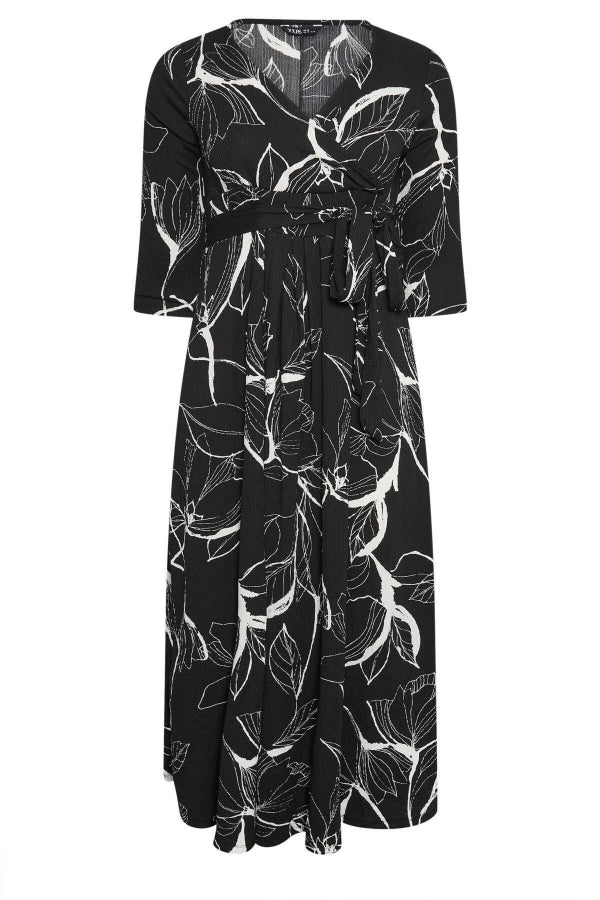 Büyük Beden V Yaka Desenli Kuşaklı Likralı Yarım Kol Anvelop Elbise 302692 Vervegrand