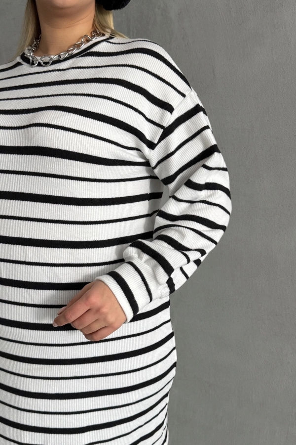Büyük Beden Bisiklet Yaka Uzun Kollu Bileği Lastikli Çizgili Elbise 303062 Vervegrand
