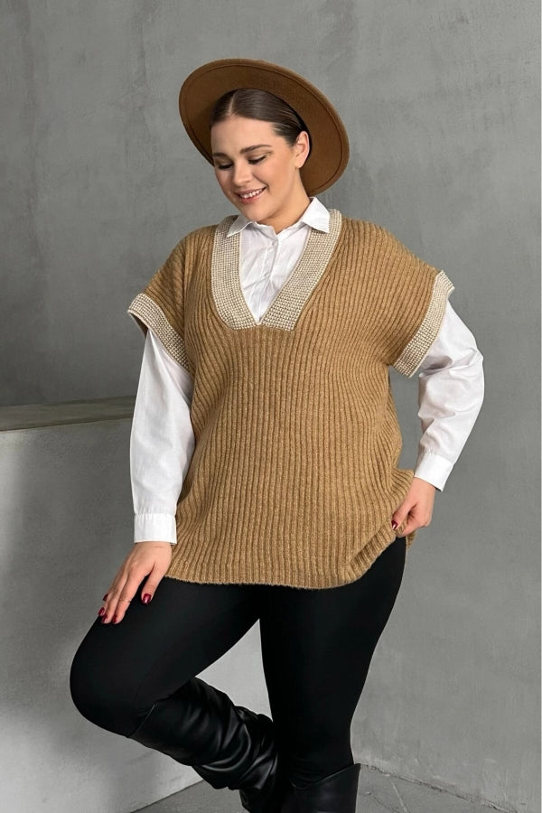 Büyük Beden V Yaka Kısa Kollu Triko Süveter 302135 Vervegrand