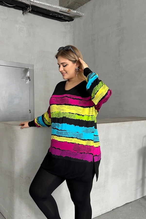 Büyük Beden V Yaka Çizgili Yanları Yırtmaçlı Uzun Kollu Bluz 302014 Vervegrand