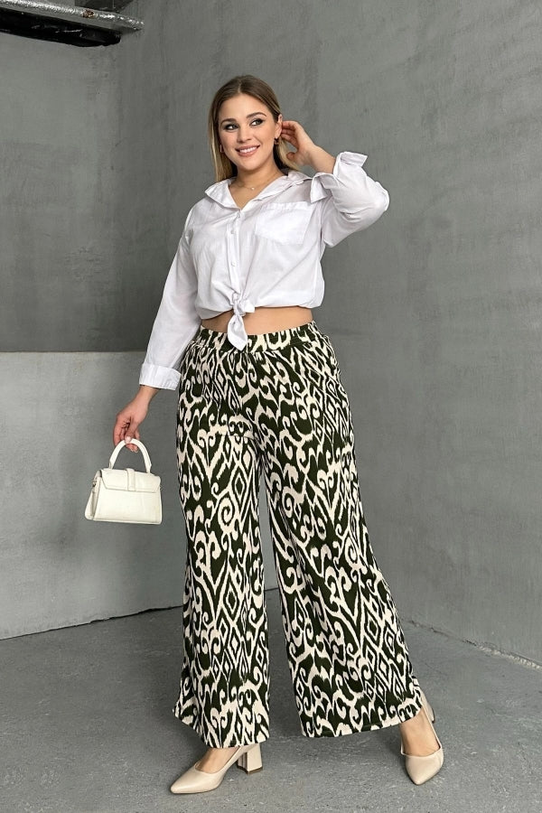 Haki Bej Büyük Beden Beli Lastikli Bol Paça Desenli Cepli Pantolon 303654 Vervegrand