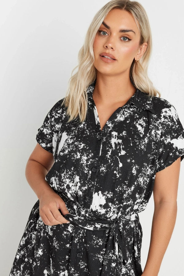 Büyük Beden Soyut Desenli Önü Düğmeli Kuşaklı Midi Boy Elbise 303330 Vervegrand