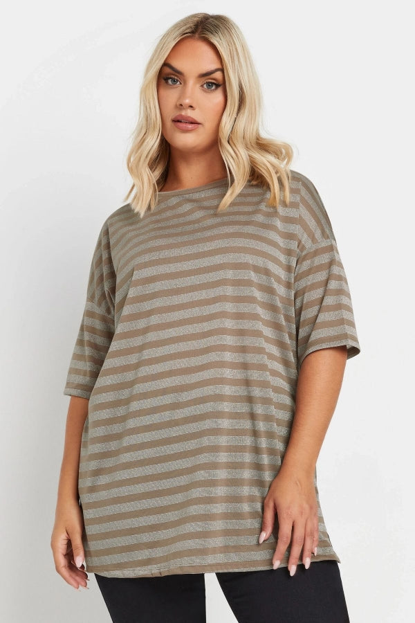 Büyük Beden Bisiklet Yaka Kısa Kollu Çizgili Yanları Yırtmaçlı T-shirt 303612 Vervegrand