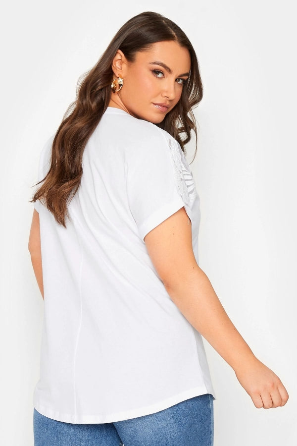 Büyük Beden Desenli Tül Detaylı Bisiklet Yaka Kısa Kollu T-shirt 320826 Vervegrand