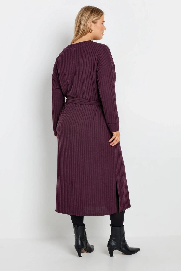 Büyük Beden Kuşaklı Düz Kesim Fitilli Uzun Kollu Astarsız Midi Elbise 322195 Vervegrand