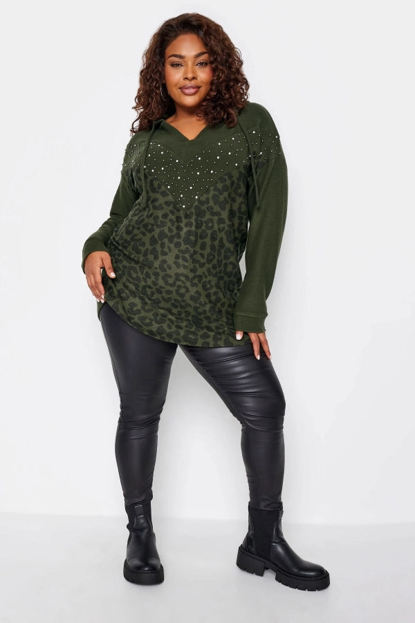 Vervegrand büyük beden taş detaylı leopar desenli sweatshirt