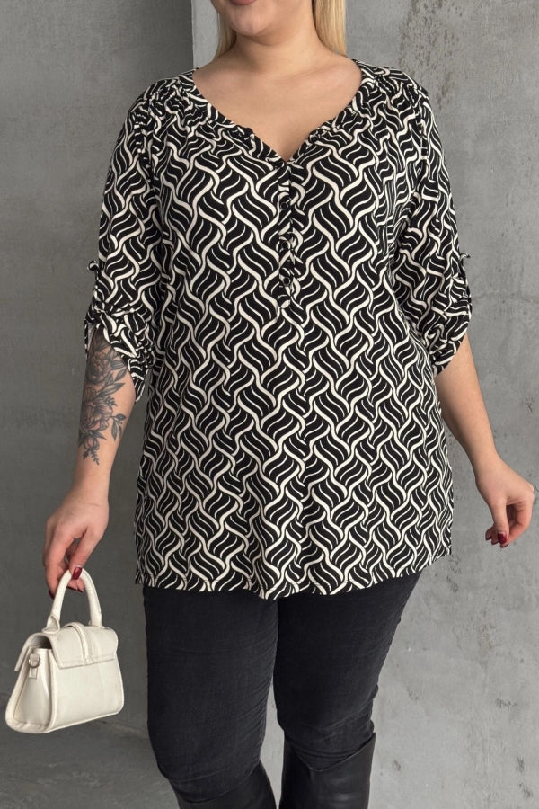 Büyük Beden V Yaka Önü Düğmeli Kolları Katlama Detaylı Likralı Bluz 1016 Vervegrand