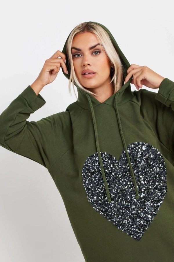 Vervegrand büyük beden haki renk payetli kalpli kapüşonlu sweatshirt elbise