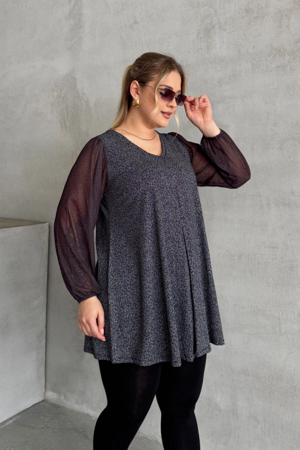 Büyük Beden Uzun Tül Kol V Yaka Bilekleri Lastikli Simli Bluz 78-132 Vervegrand