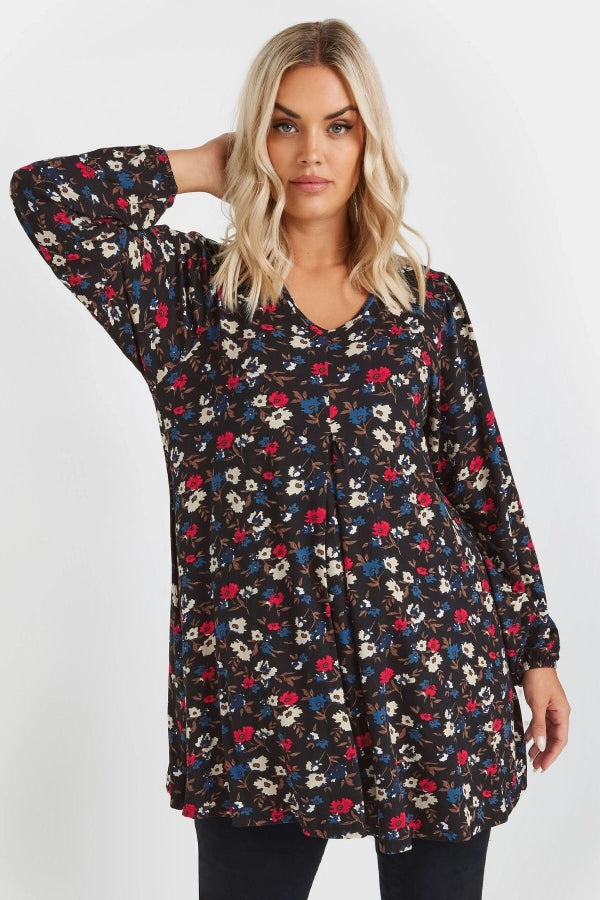 Büyük Beden Uzun Kollu V Yaka Önü Pileli Çiçek Desenli Bluz 303720 Vervegrand