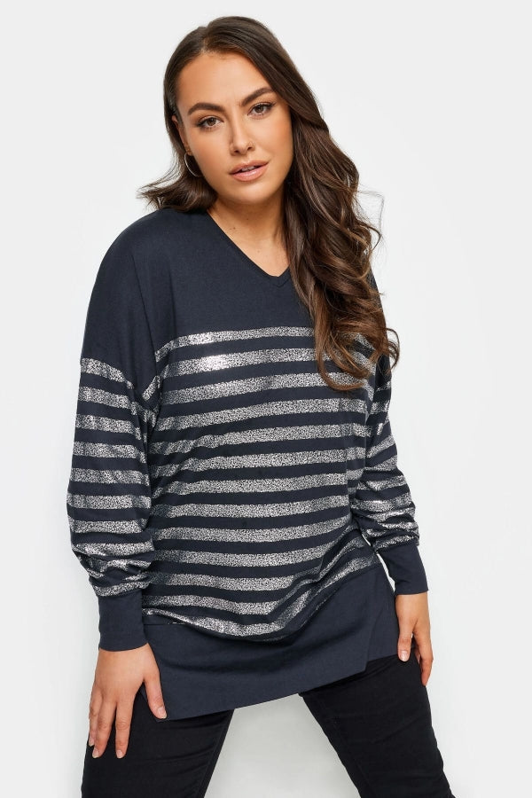 Büyük Beden V Yaka Uzun Kollu Metalik Çizgili Sweatshirt 302790 Vervegrand