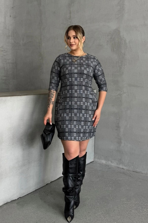 Büyük Beden Bisiklet Yaka Yarım Kollu Cepli Desenli Elbise 301507 Vervegrand