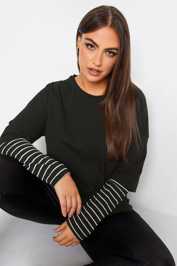 Büyük Beden Bisiklet Yaka Uzun Kollu Çift Katlı Kolları Çizgili T-shirt 302558 Vervegrand