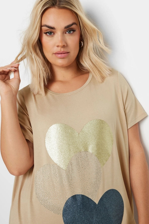 Büyük Beden Bisiklet Yaka Kısa Kollu Parıltılı Baskılı T-shirt 302277 Vervegrand