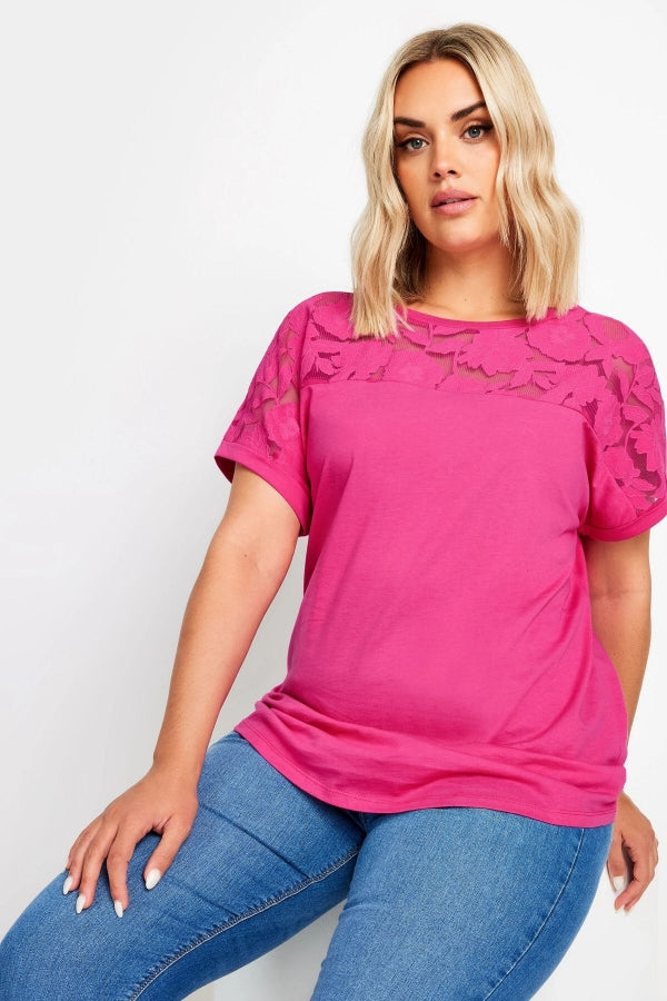 Büyük Beden Bisiklet Yaka Tül Detaylı Kısa Kollu T-shirt 321835 Vervegrand