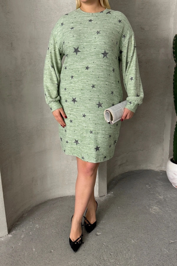 Büyük Beden Uzun Kollu Bisiklet Yaka Yıldız Desenli Esnek Elbise 84-158 Vervegrand