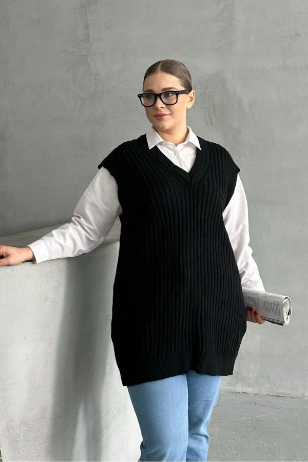 Büyük Beden V Yaka Kısa Kollu Triko Süveter 302134 Vervegrand