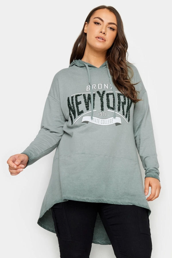 Büyük Beden Uzun Kollu Arkası Uzun Baskılı Yıkamalı Kapüşonlu Sweatshirt 302683 Vervegrand