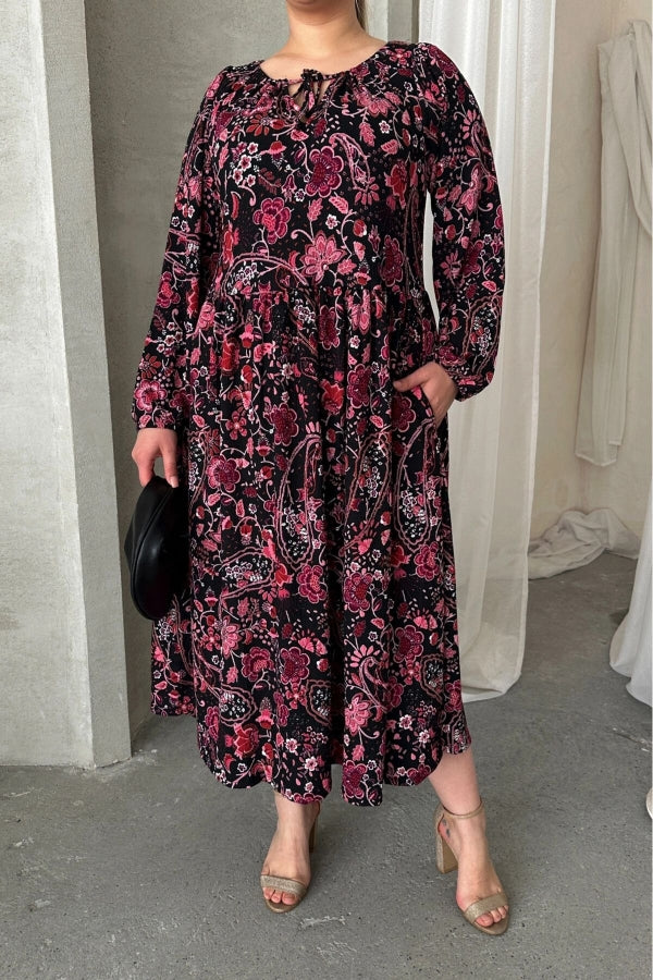 Büyük Beden Önü Bağlamalı Desenli Uzun Kollu Midi Elbise 615699 Vervegrand