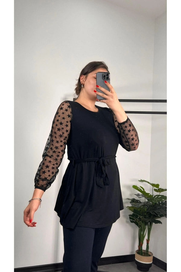 Büyük Beden Bisiklet Yaka Kolları Tül Detaylı Kemerli Bluz 300309 Vervegrand