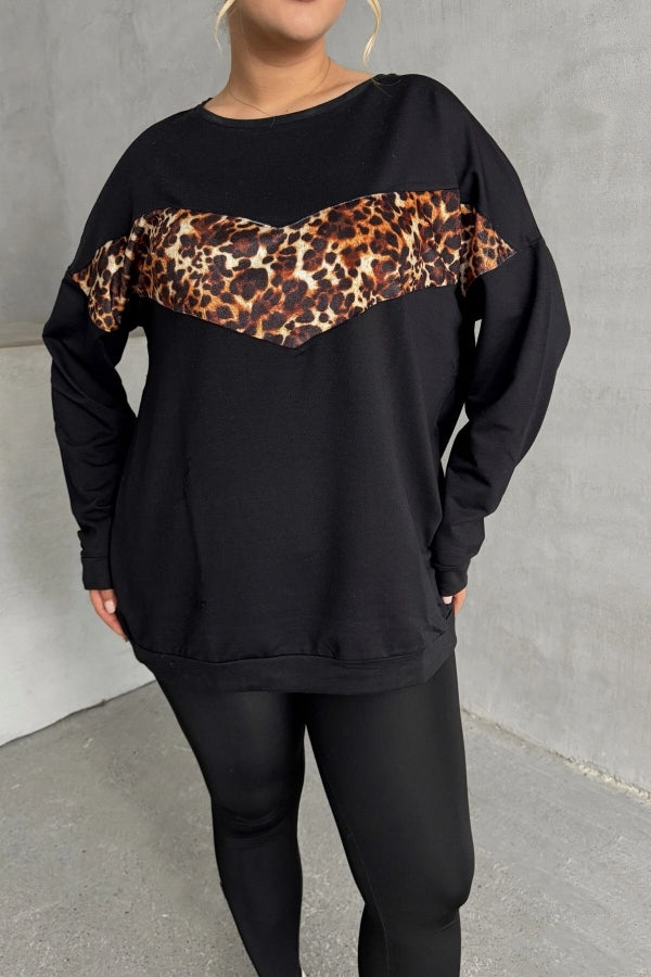 Büyük Beden Bisiklet Yaka Uzun Kollu Leopar Desenli Sweatshirt 300335 Vervegrand