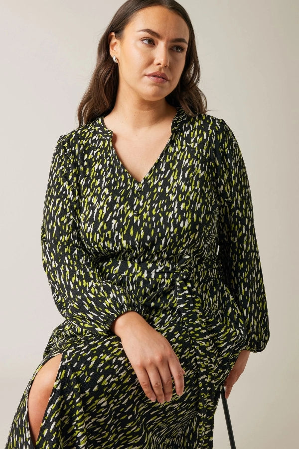 Büyük Beden V Yaka Kolları Lastikli Yırtmaç Detaylı Midi Boy Elbise 615628 Vervegrand