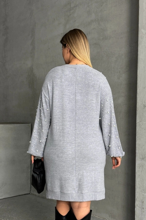 Büyük Beden Bisiklet Yaka Balon Kol Boncuk İşlemeli Triko Elbise 302668 Vervegrand