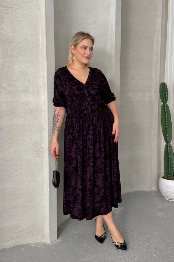 Büyük Beden Kısa Kollu V Yaka Önü Düğmeli Beli Lastikli Elbise 303699 Vervegrand