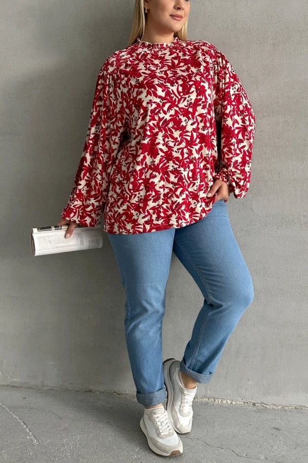 Büyük Beden Yakası Büzgülü Uzun Kollu Desenli Bluz E15233 Vervegrand