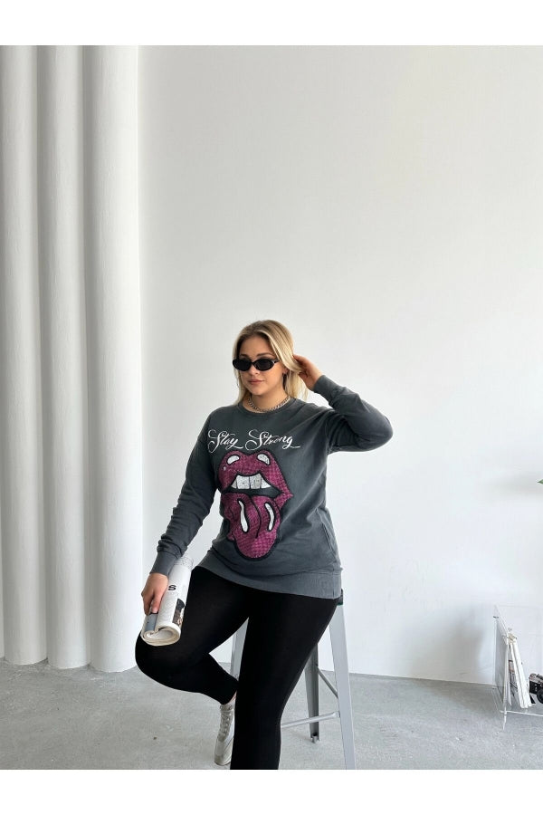 Büyük Beden Bisiklet Yaka Baskılı Pul Detaylı Yıkamalı Sweatshirt 301252 Vervegrand