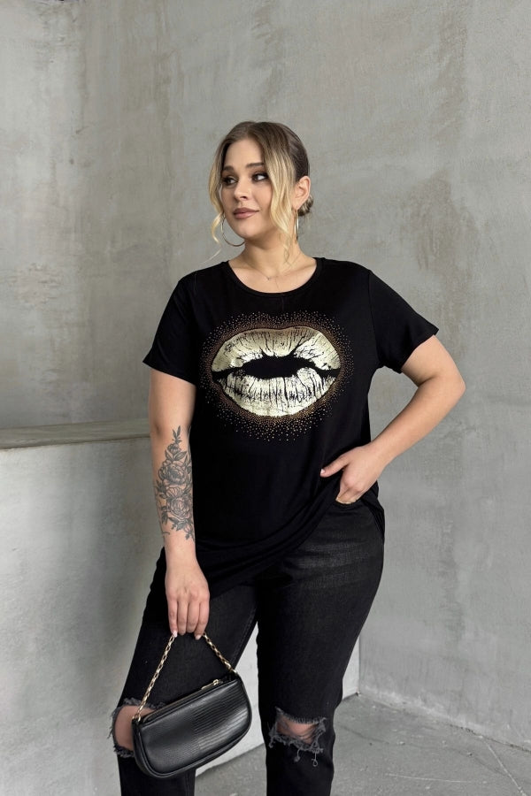 Büyük Beden Kısa Kollu Bisiklet Yaka Taş İşlemeli T-shirt 302264 Vervegrand