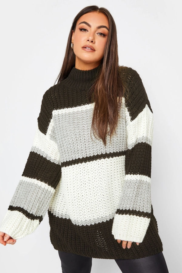 Büyük Beden Yarım Balıkçı Yaka Renk Bloklu Triko Örme Kazak 302329 Vervegrand