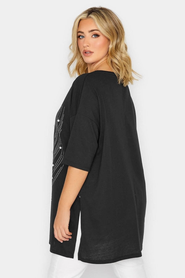 Büyük Beden Bisiklet Yaka Yırtmaç Detaylı Boncuk İşlemeli T-shirt 302044 Vervegrand