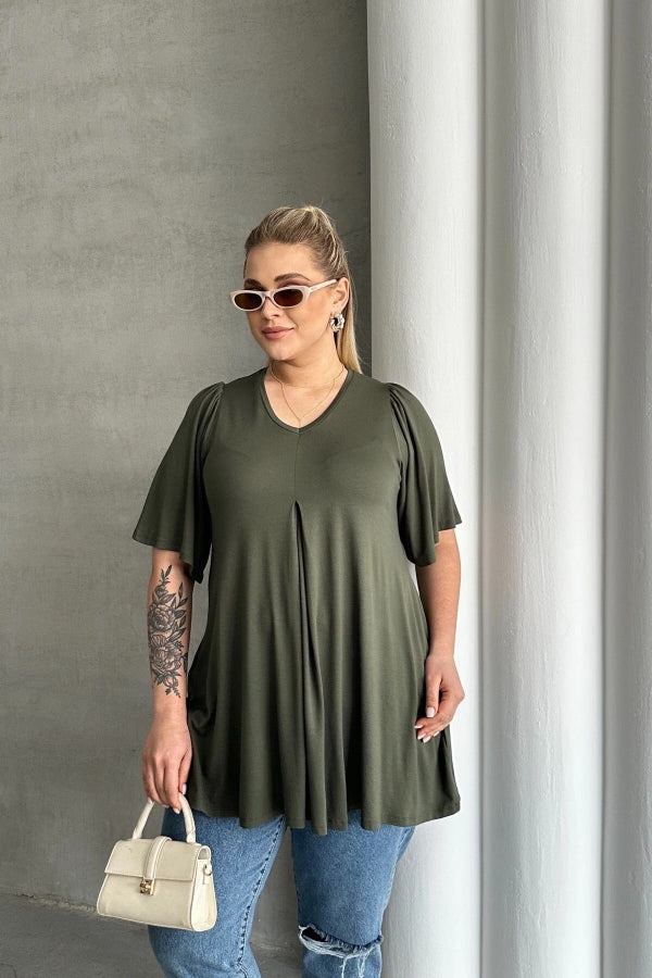 Büyük Beden V Yaka Desensiz Asimetrik Kesim Likralı Bluz MDL-4 Vervegrand