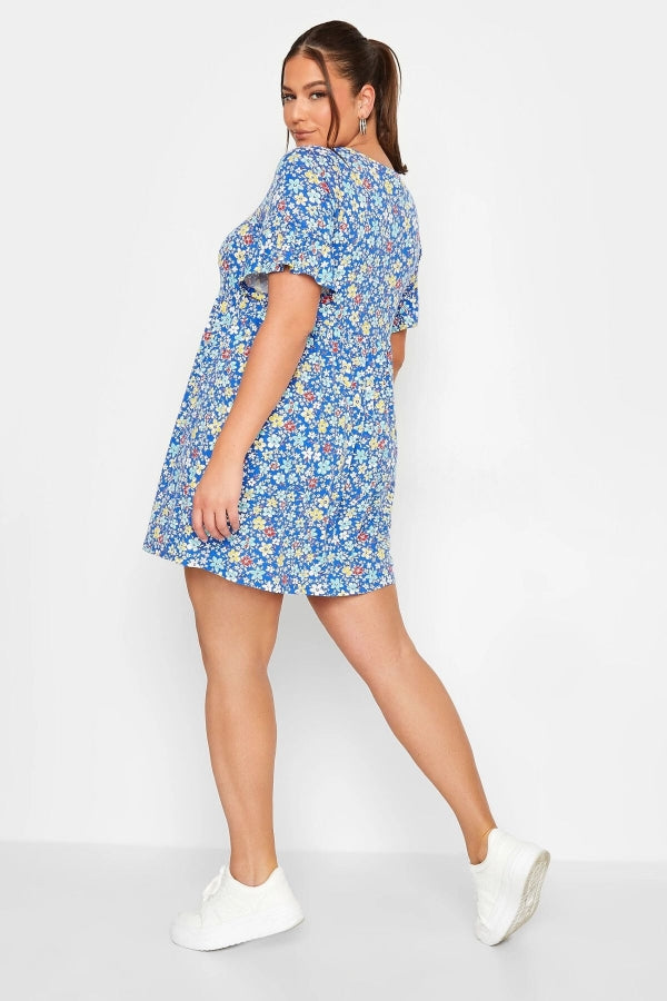 Büyük Beden Desenli Kolları Fırfırlı Yarım Kol Likralı Kısa Elbise 302360 Vervegrand