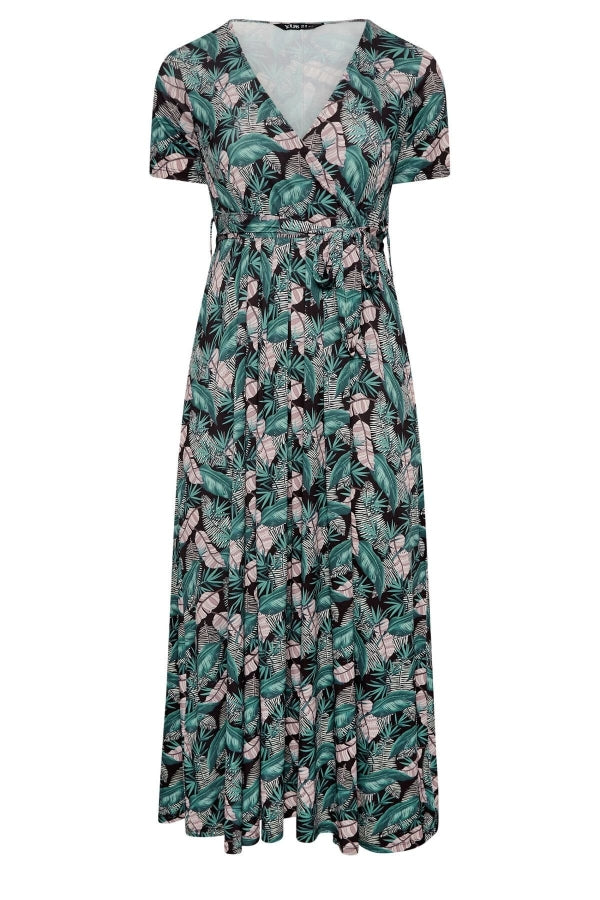 Büyük Beden V Yaka Desenli Kuşaklı Likralı Yarım Kol Anvelop Elbise 302162 Vervegrand