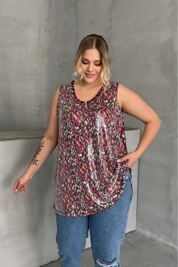 Büyük Beden V Yaka Desenli Payet İşlemeli Kolsuz Bluz 302386 Vervegrand