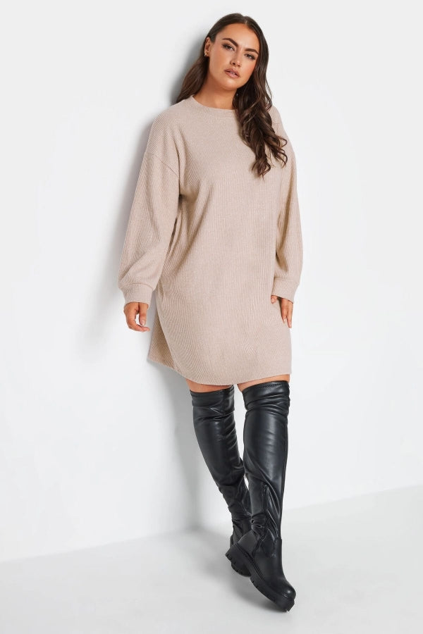 Büyük Beden Bisiklet Yaka Uzun Kollu Yumuşak Dokulu Kısa Elbise 302609 Vervegrand