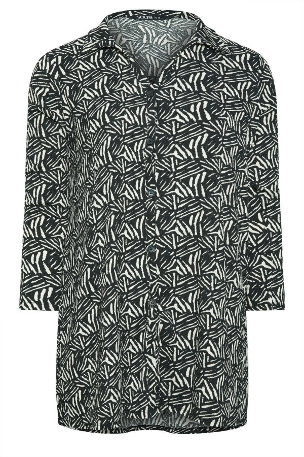 Büyük Beden Soyut Baskılı Düğmeli Uzun Kollu Uzun Kesim Gömlek 302650 Vervegrand